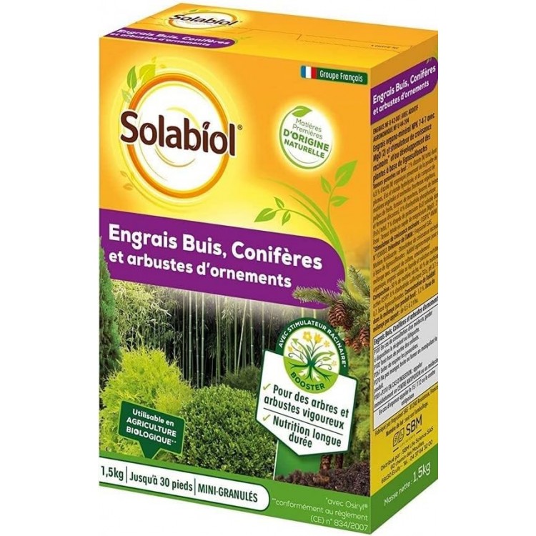 SOLABIOL Engrais Conifères et Arbustes d'ornement - 1,5 Kg - 100% Organique - Ac