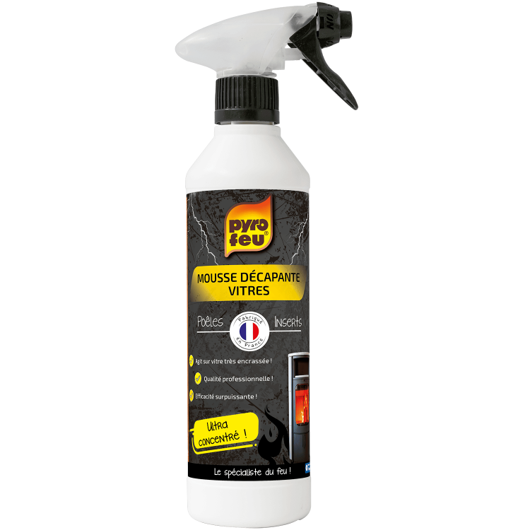Pyrofeu – Mousse Décapante pour Vitres d’Inserts, Cheminées et Poêles- Principe