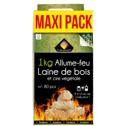 Cheminett - Laine de Bois - Allume Feu 100% Naturel - 1 kg, +/- 80 Pièces - À Ba