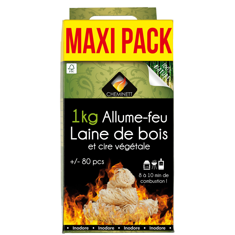 Cheminett - Laine de Bois - Allume Feu 100% Naturel - 1 kg, +/- 80 Pièces - À Ba