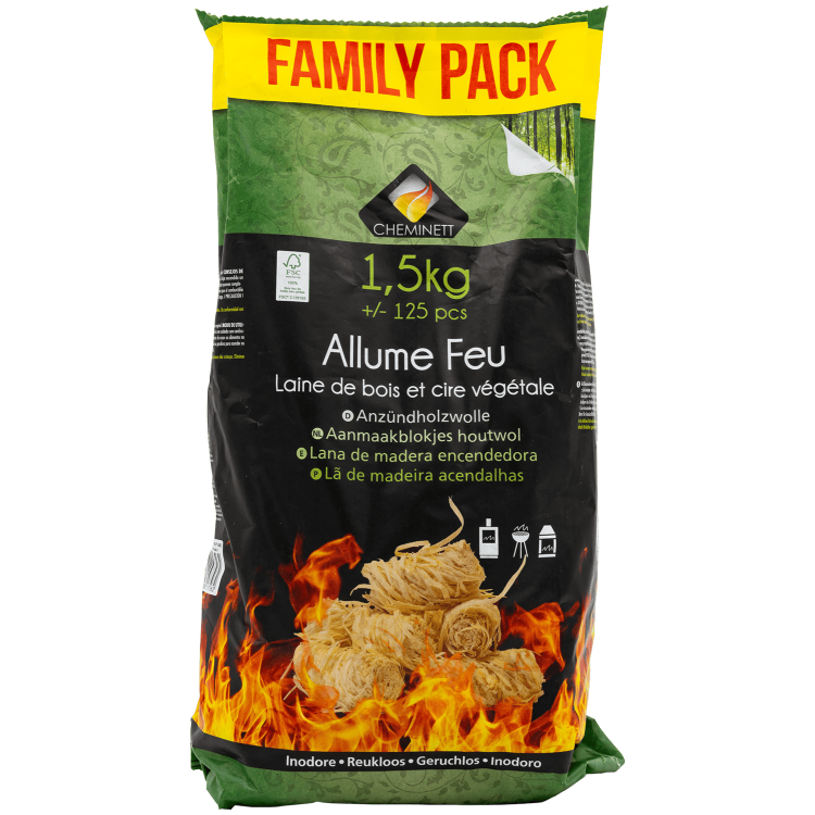 pyrofeu - Laine de Bois - Allume Feu 100% Naturel - 1,5 kg, +/- 125 Pièces - À B