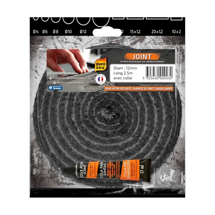 Pyrofeu - Joint Noir en Fibre de Verre - Diamètre 12, 2m50 - Résiste à 500°C - F