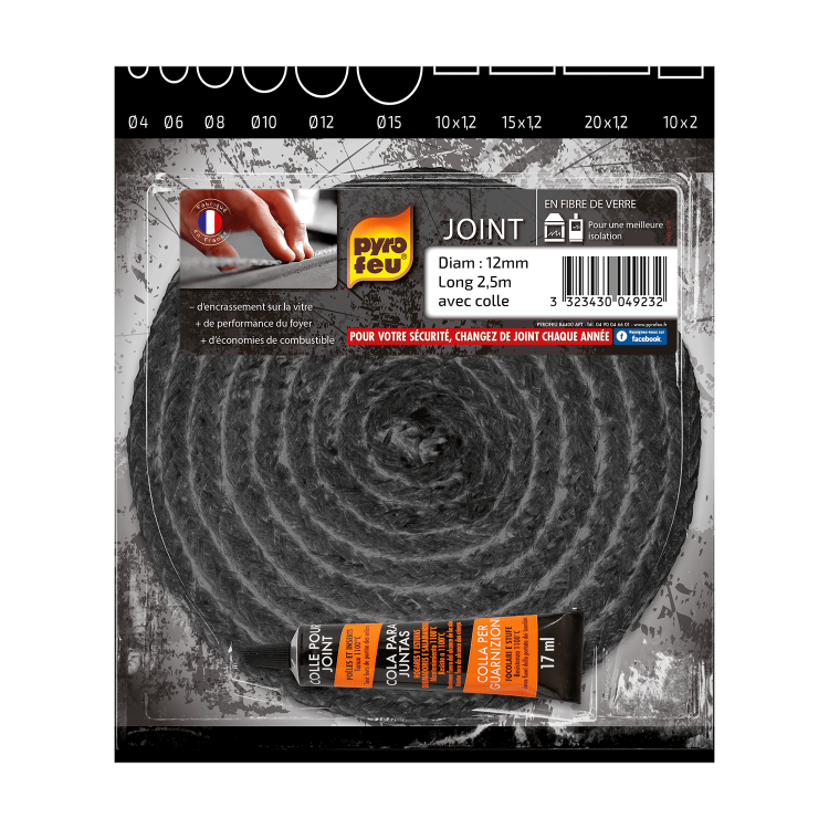 Pyrofeu - Joint Noir en Fibre de Verre - Diamètre 12, 2m50 - Résiste à 500°C - F
